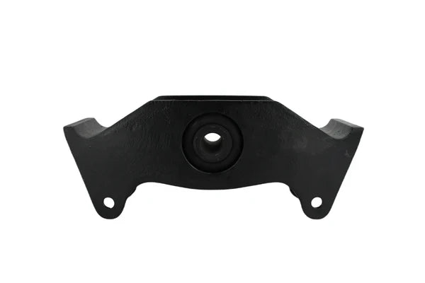 Black truck mounting bracket with a central rubber bushing and two mounting holes on a white background.