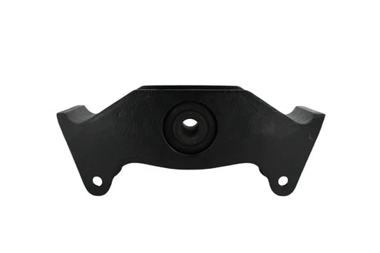 Black truck mounting bracket with a central rubber bushing and two mounting holes on a white background.